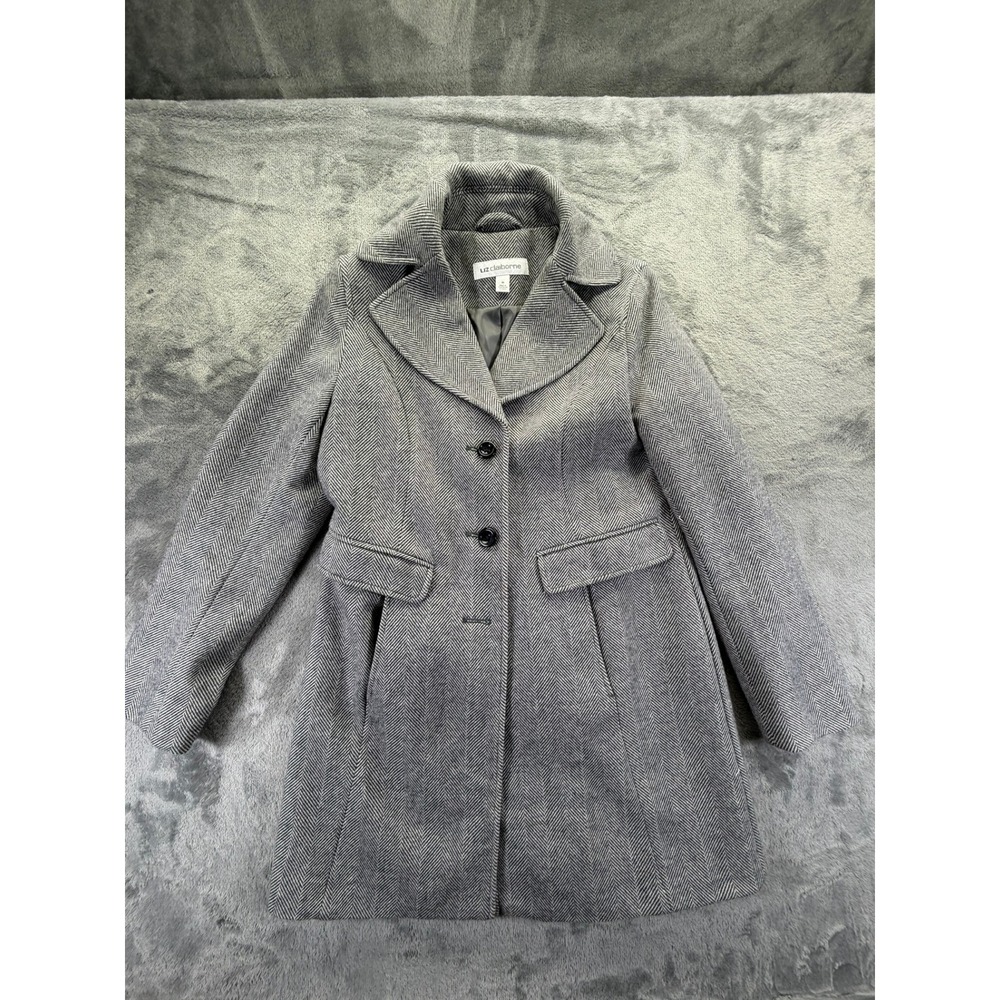 Liz Claiborne Gray Herringbone Wool Blend Button Front Coat Womens Size M